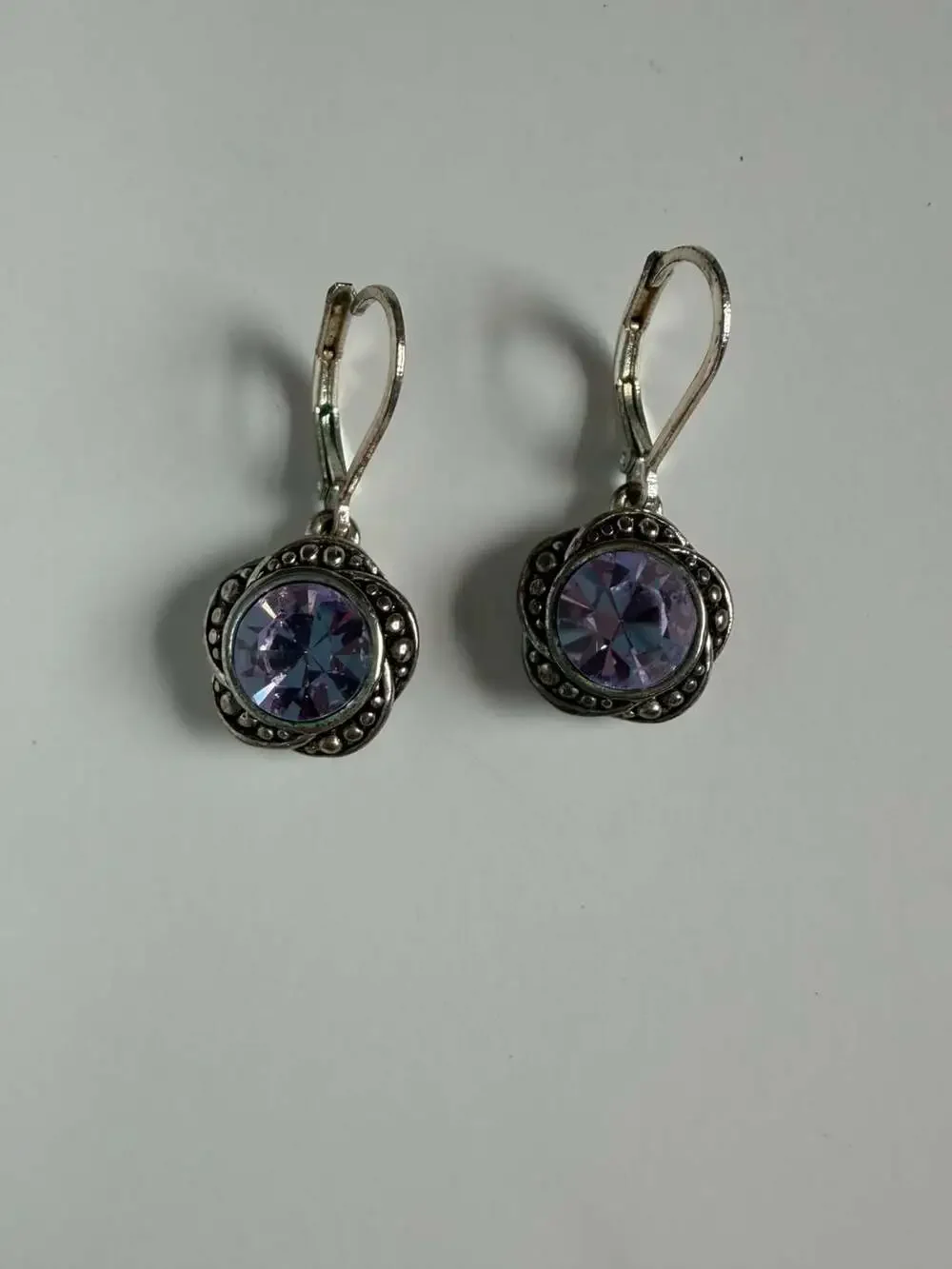 Napier Silver Tone Purple Crystal Beaded Flower Leverback Earrings